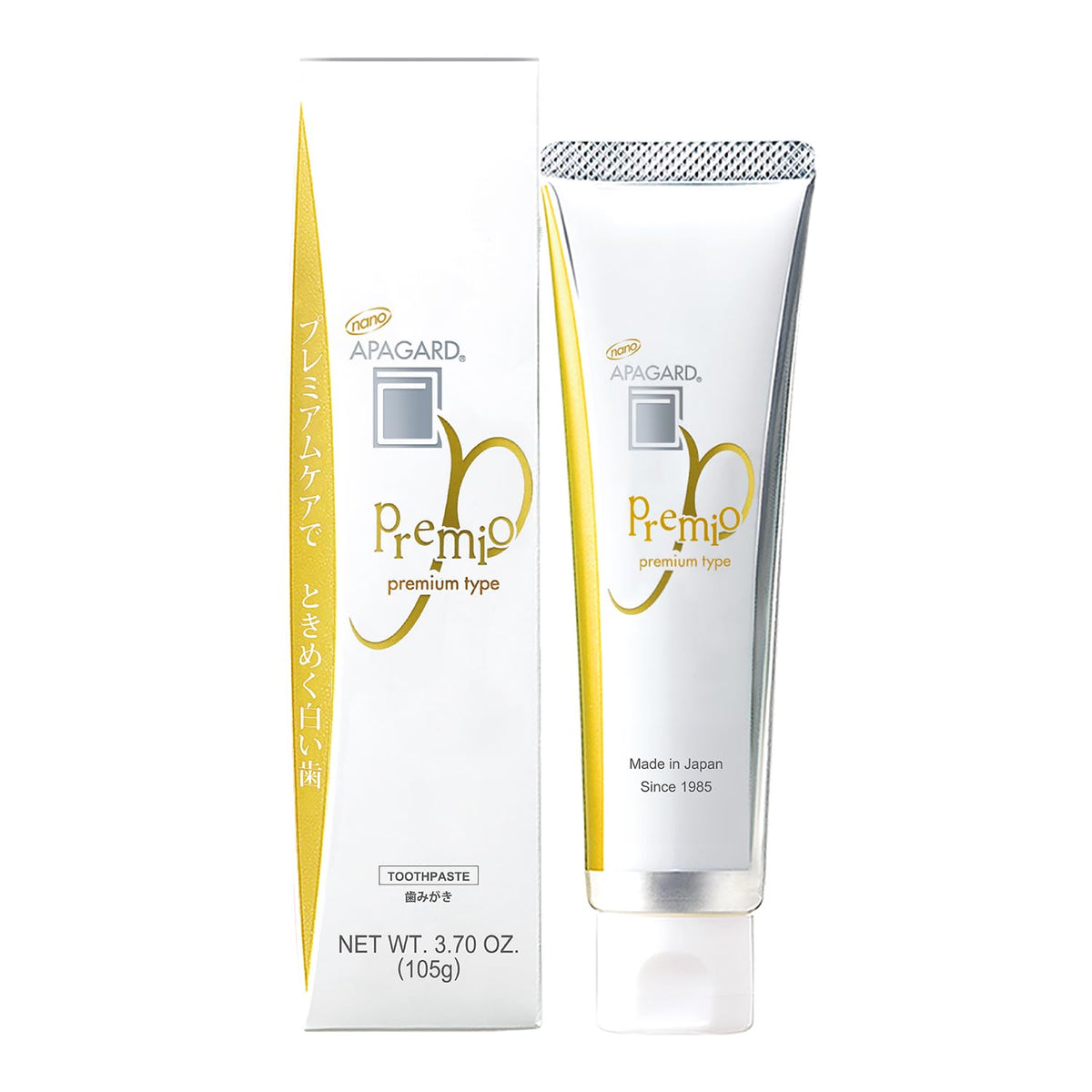 APAGARD Premio toothpaste tube 105g highlighting nano-hydroxyapatite for brighter teeth.