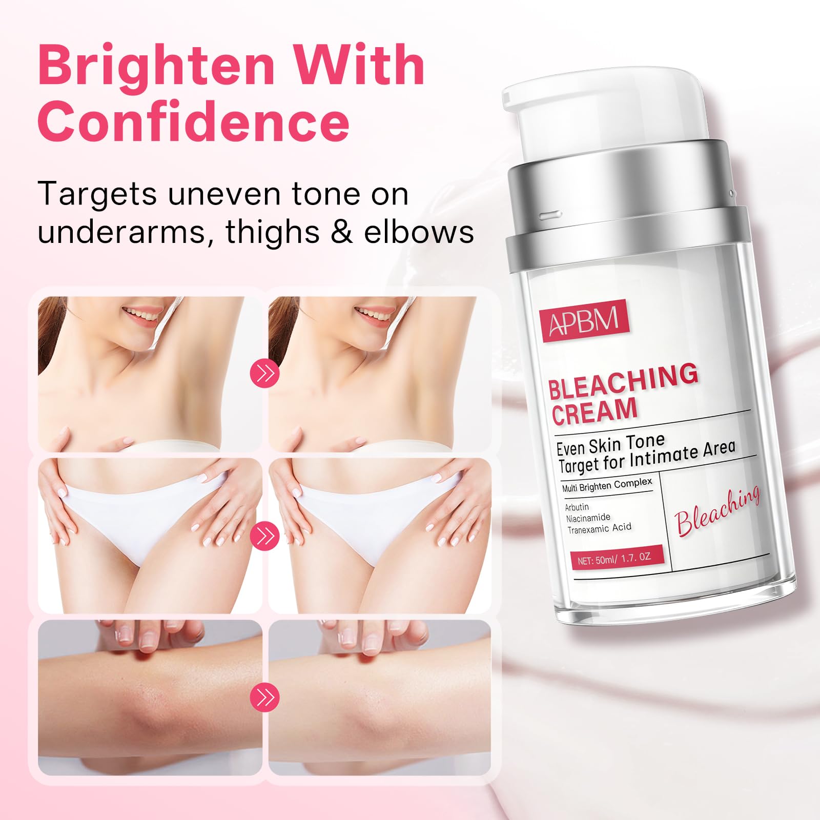 APBM Skin Lightening Cream texture and pump demonstrating fast-absorbing formula