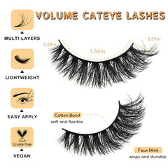 APCYUST wispy cat-eye lashes with D curl for natural volume.