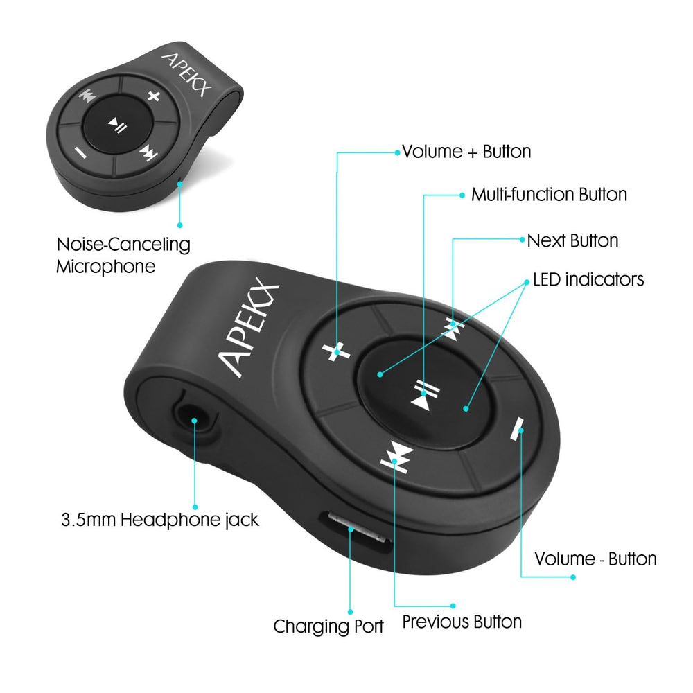 APEKX Clip oversized-buttons provide easy playback and volume control.