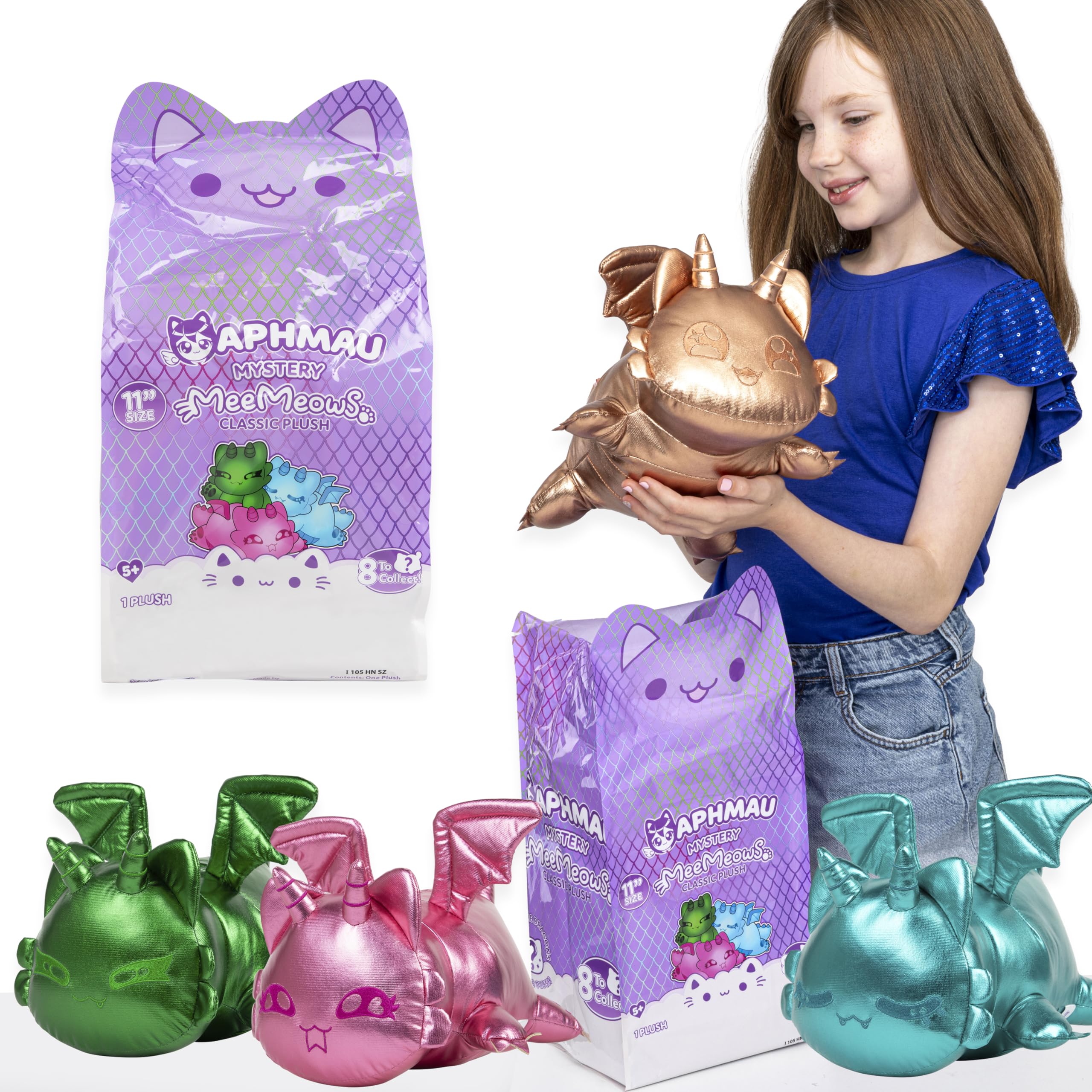 Aphmau MeeMeows dragon plush front view highlights gemstone-like sparkle for display and hugging.