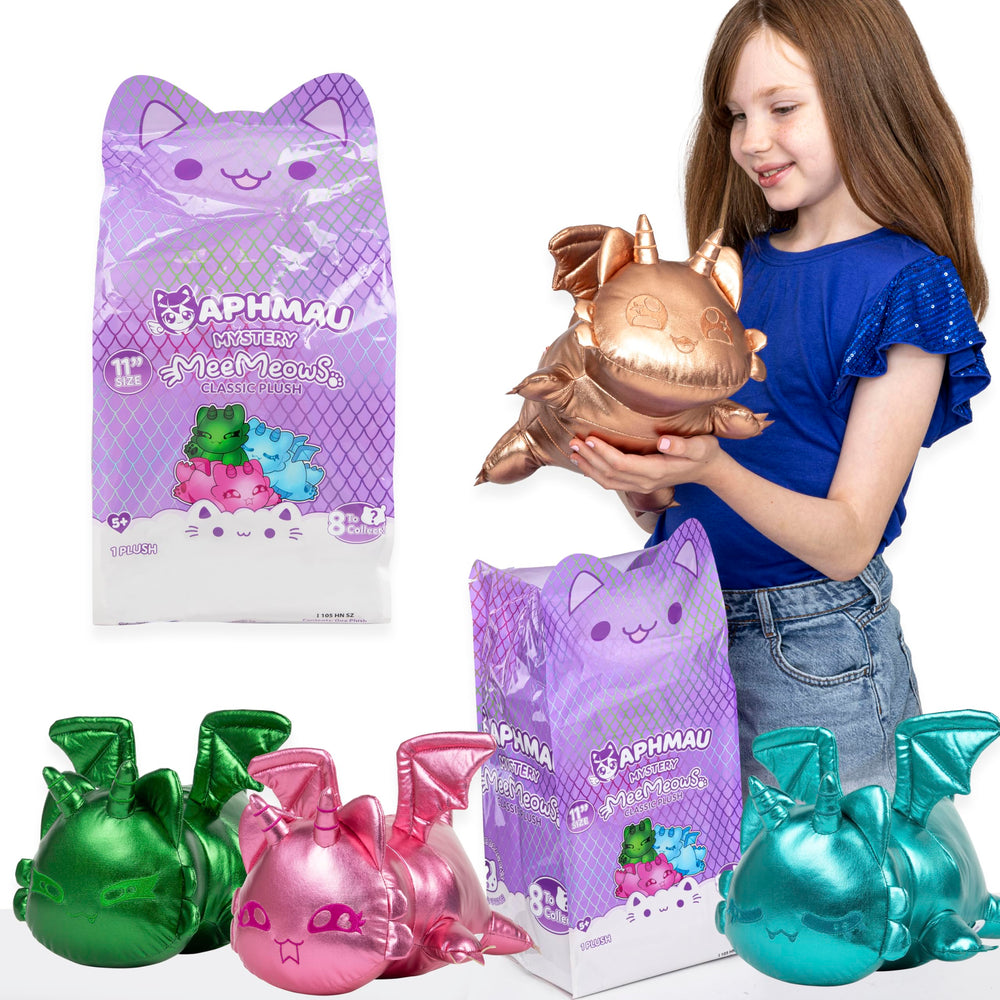 Aphmau MeeMeows dragon plush front view highlights gemstone-like sparkle for display and hugging.