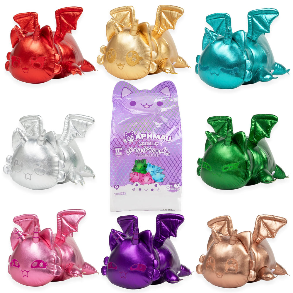 Aphmau MeeMeows jade dragon plush showcases vibrant green sheen for shelf display.