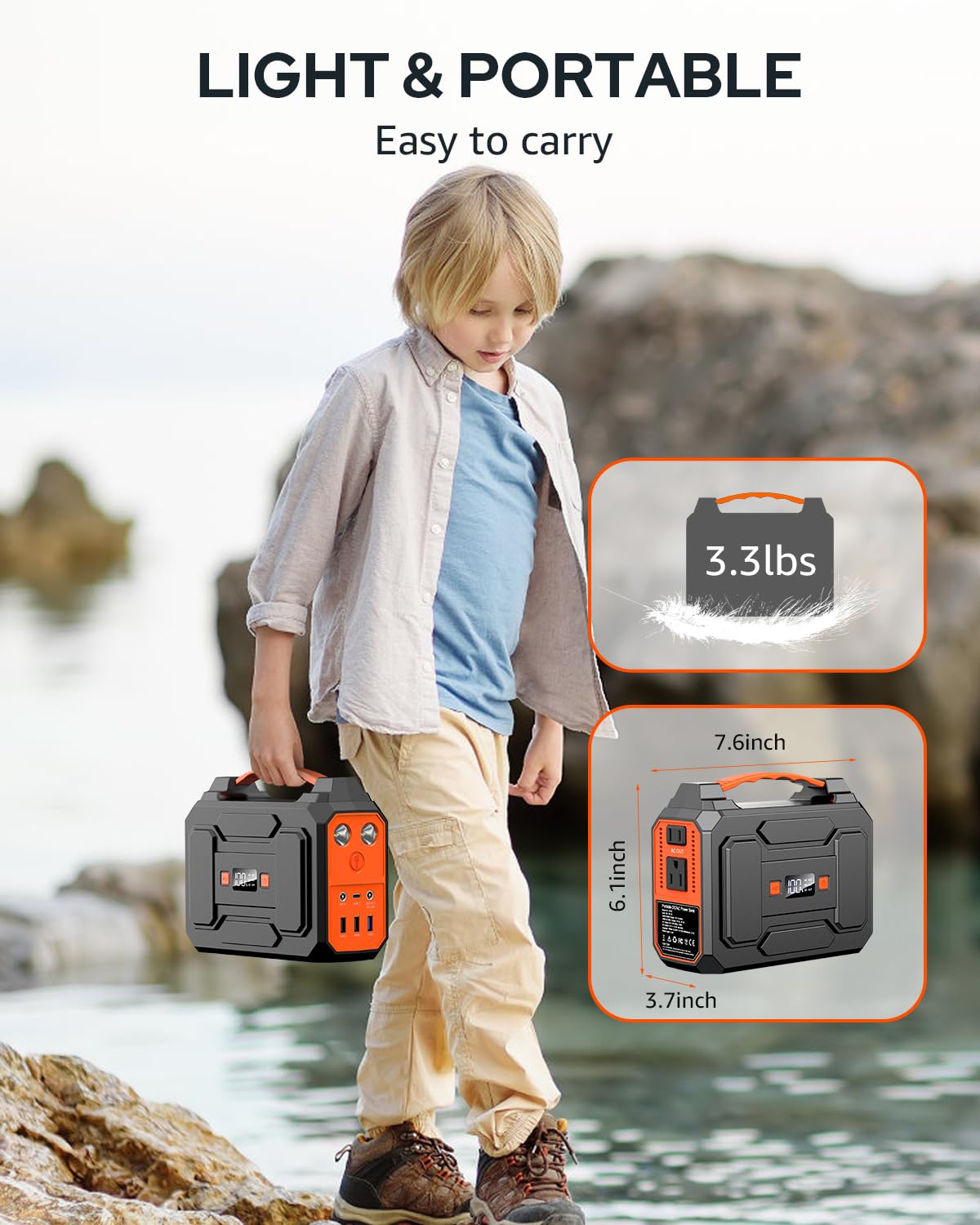 Apowking 110V AC outlets power laptops, fans, and small appliances.