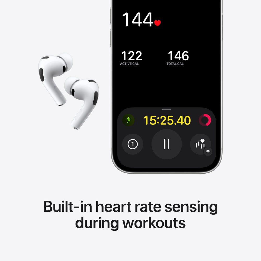 Apple AirPods Pro 3 with active noise cancellation indicated by sound waves.