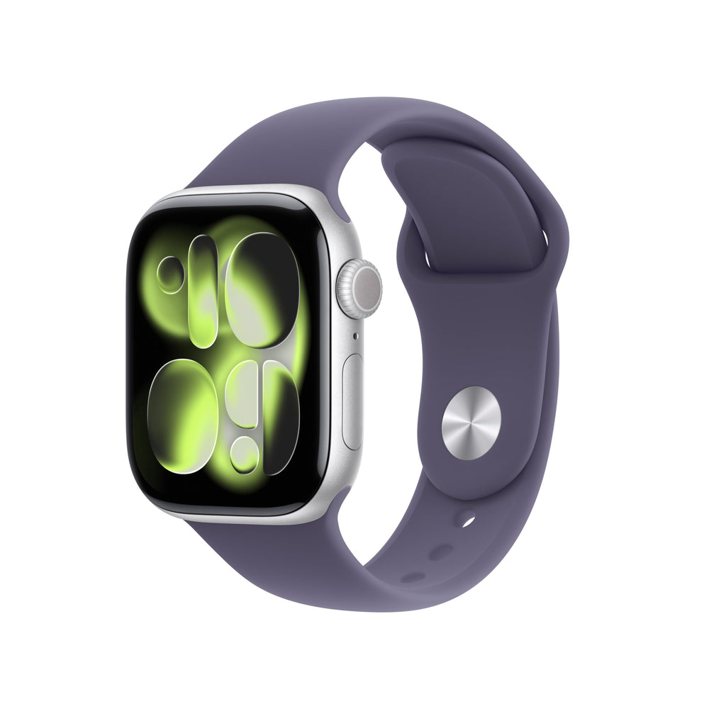 Apple Watch Series 11 on-wrist with purple fog band for all-day activity tracking.