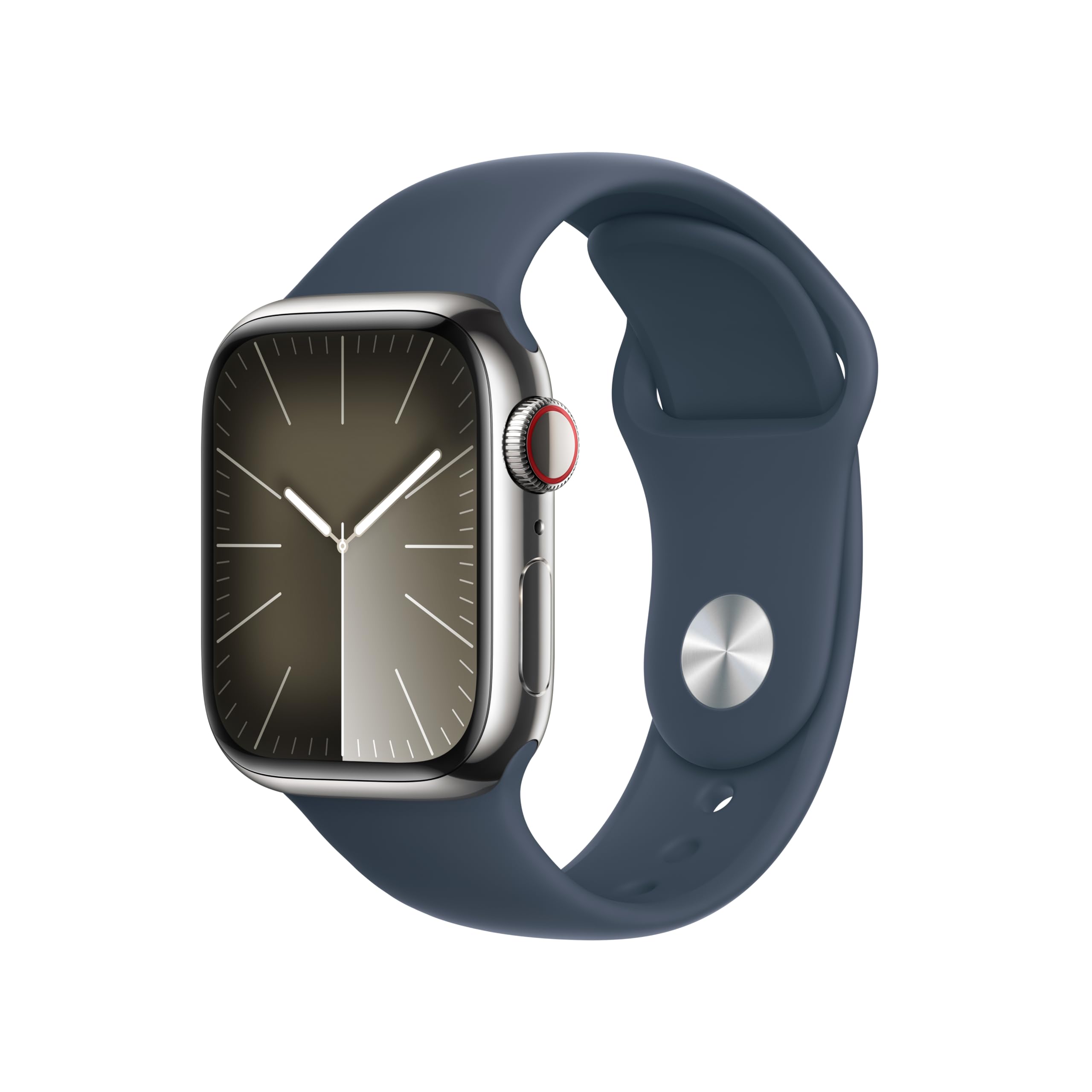 Apple Watch Series 9 in silver stainless 41mm front view for a premium daily look.