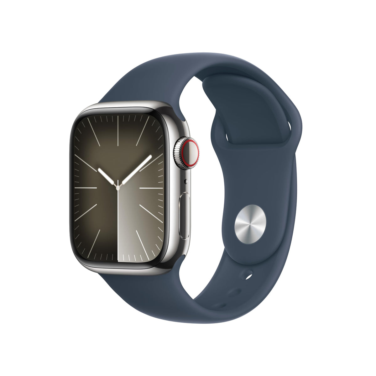 Apple Watch Series 9 in silver stainless 41mm front view for a premium daily look.