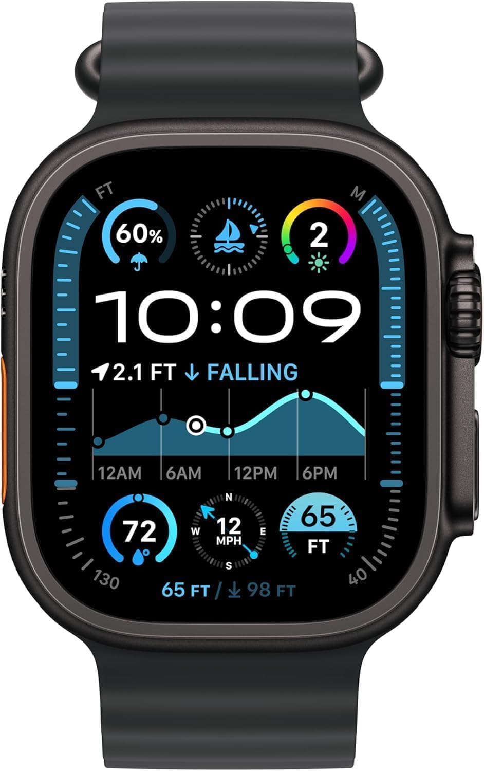 Apple Watch Ultra 2 black ocean band offers secure all-day comfort.