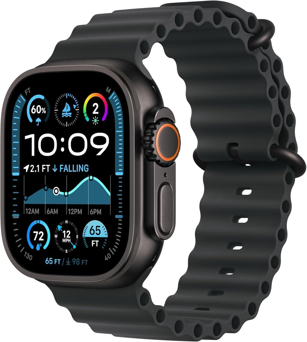 Apple Watch Ultra 2 black titanium case for rugged daily wear.