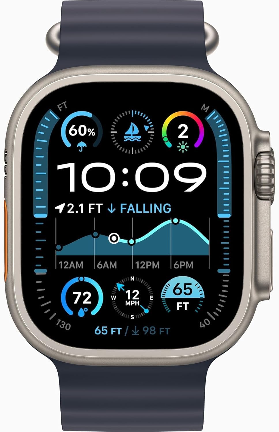 Apple Watch Ultra 2 wearing titanium case and blue ocean band on wrist for everyday resilience.
