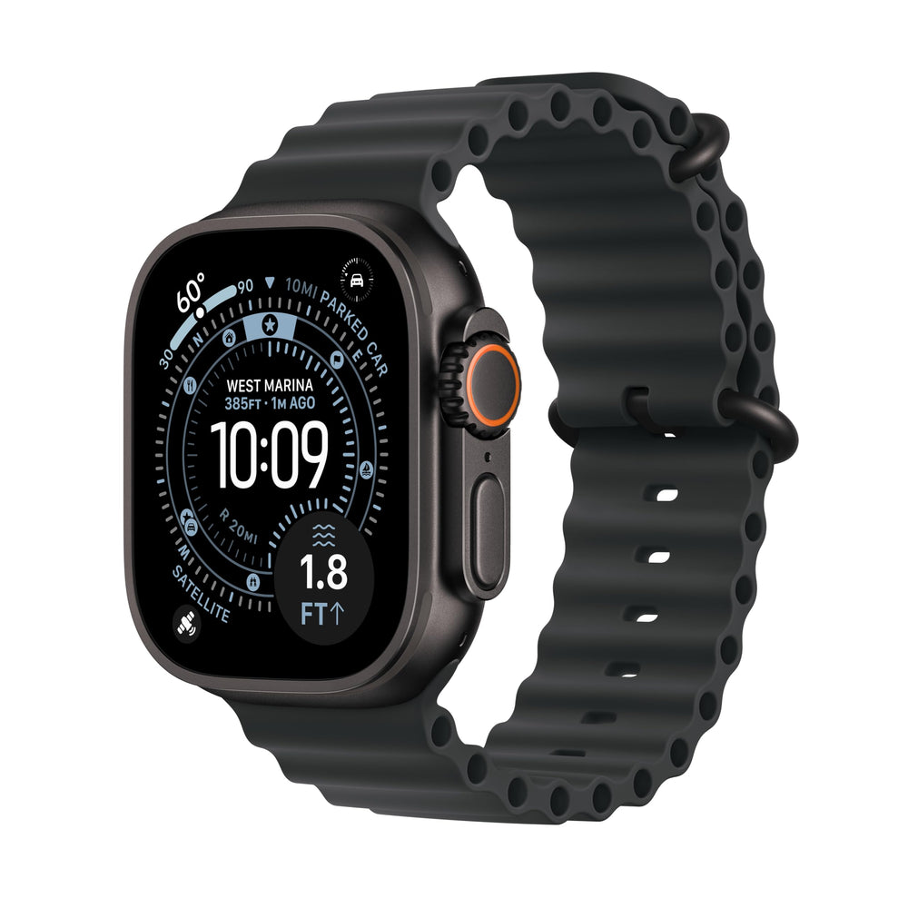 Apple Watch Ultra 3 titanium case shown in rugged outdoor use, emphasizing durability.