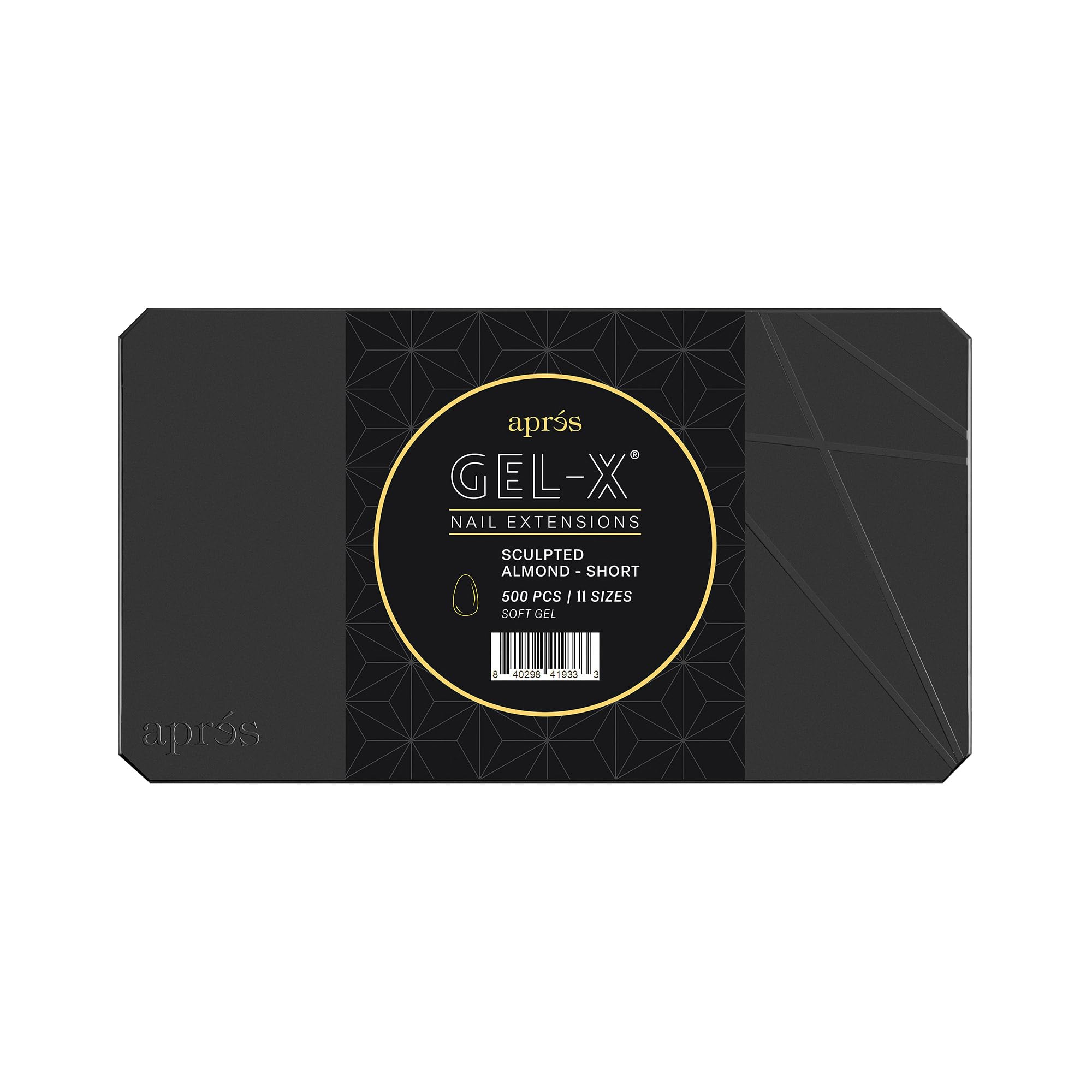 APRÉS Gel-X tip box in almond shape, 500 soft tips for full-set versatility.