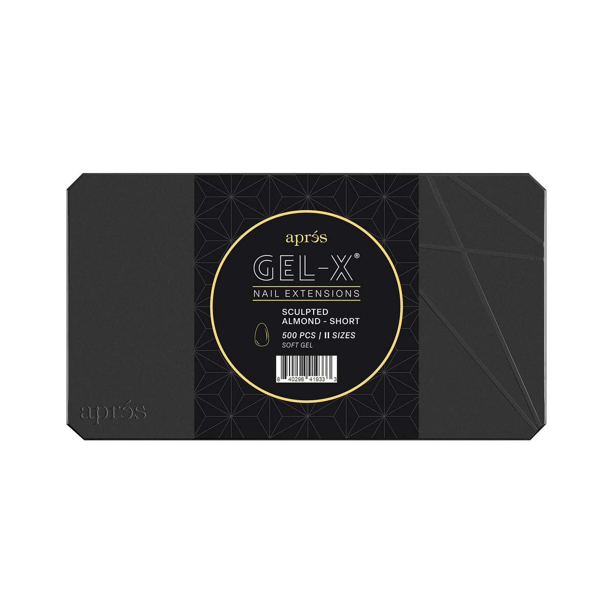 APRÉS Gel-X tip box in almond shape, 500 soft tips for full-set versatility.