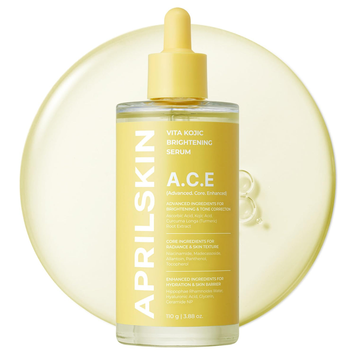 APRILSKIN A.C.E Serum bottle showing brightening focus and quick absorption.