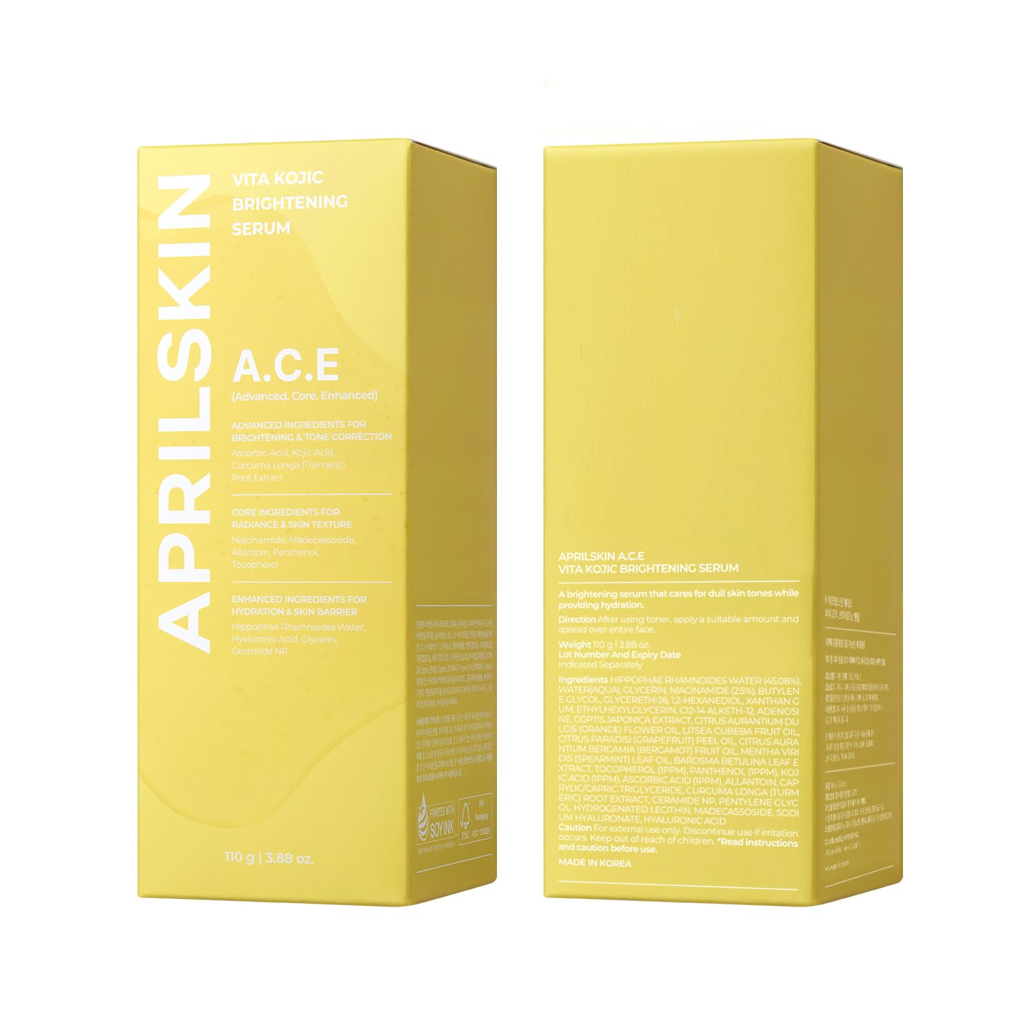 APRILSKIN A.C.E Serum ingredient visual highlights Kojic Acid and Vitamin C benefits.
