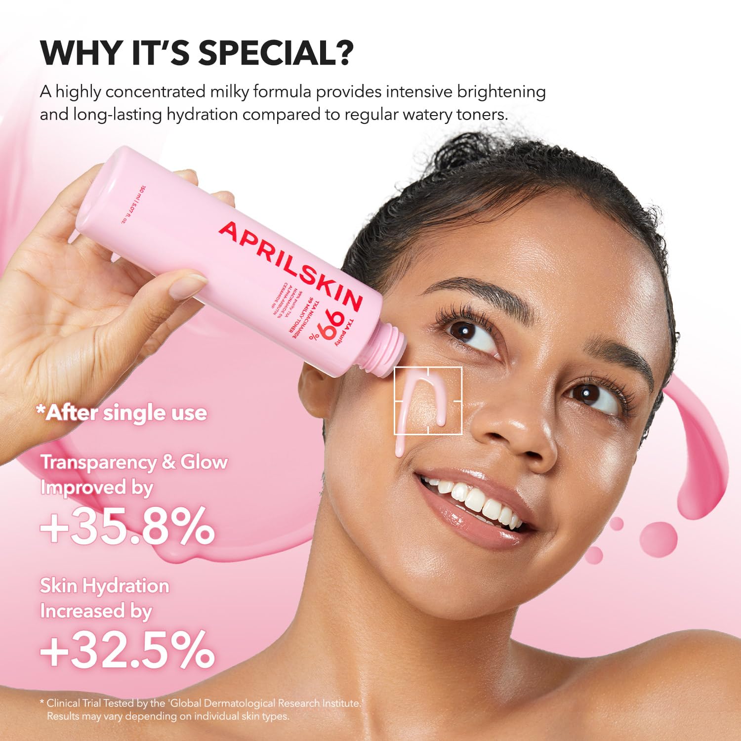 APRILSKIN TXA high-purity bottle close-up emphasizes fast-absorbing brightening complex.