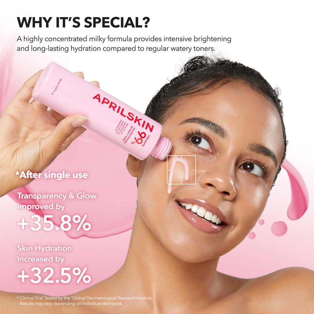 APRILSKIN TXA high-purity bottle close-up emphasizes fast-absorbing brightening complex.