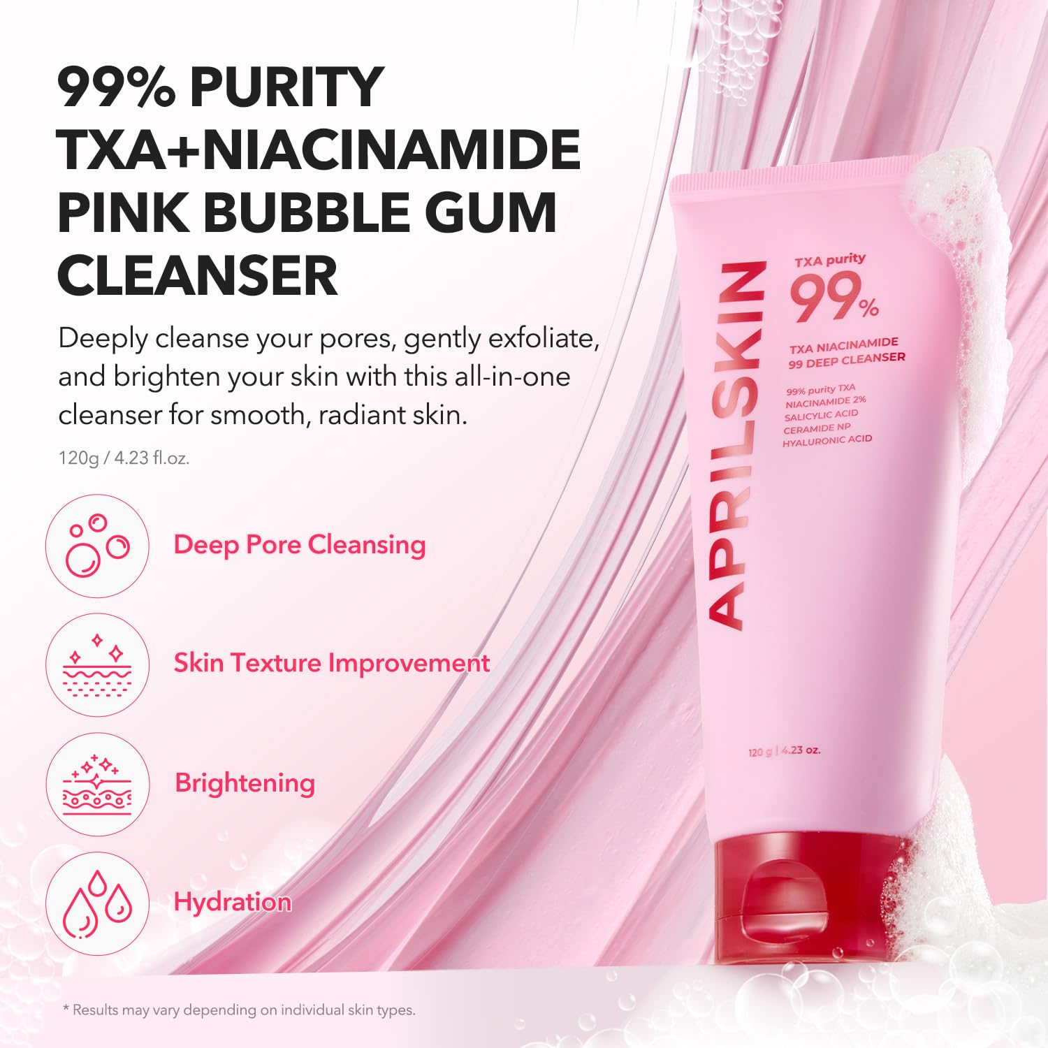 APRILSKIN pink bubble gum texture close-up for gentle cleansing.