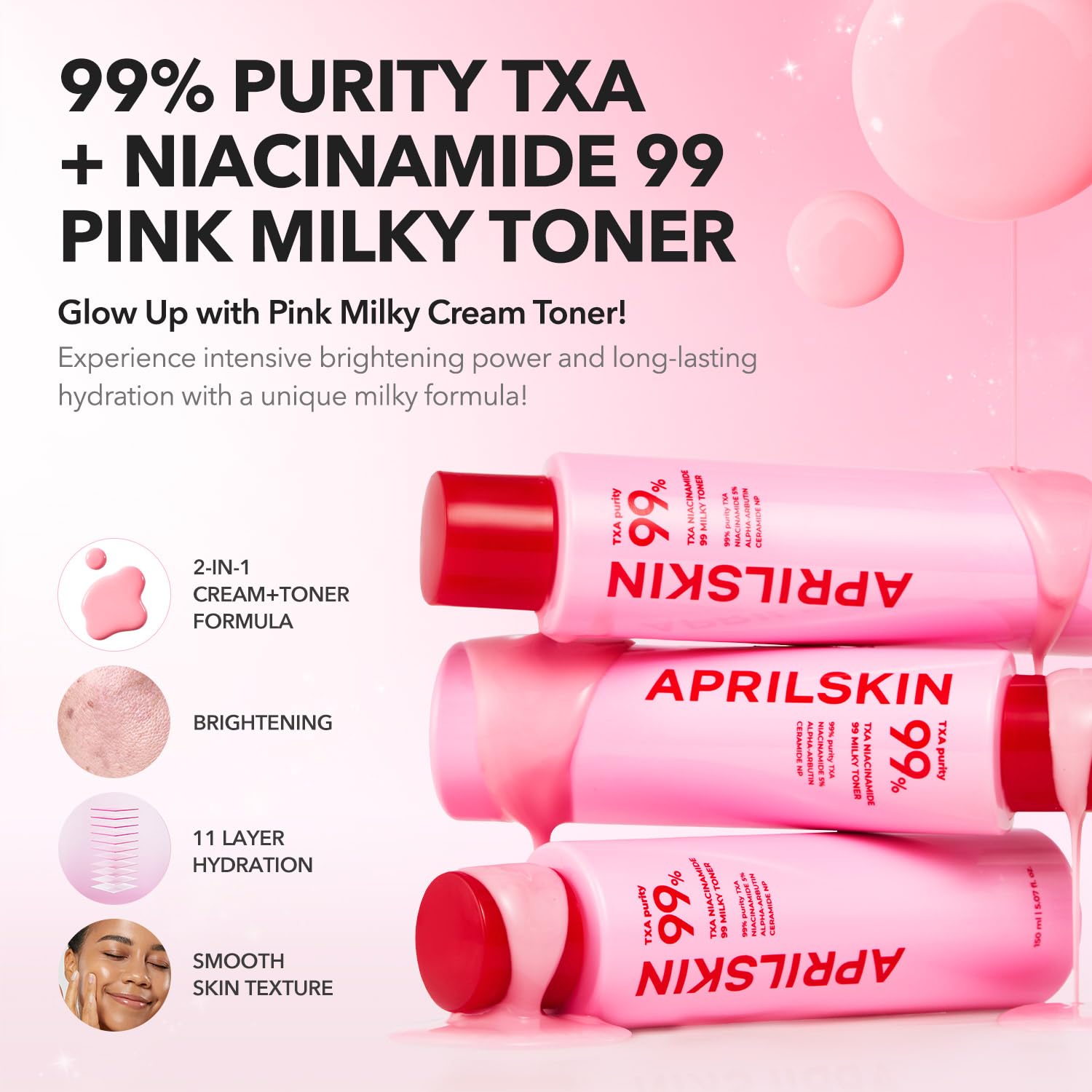 APRILSKIN pink milky toner texture swirl shows creamy hydration without stickiness.