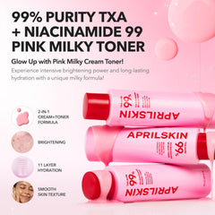 APRILSKIN pink milky toner texture swirl shows creamy hydration without stickiness.