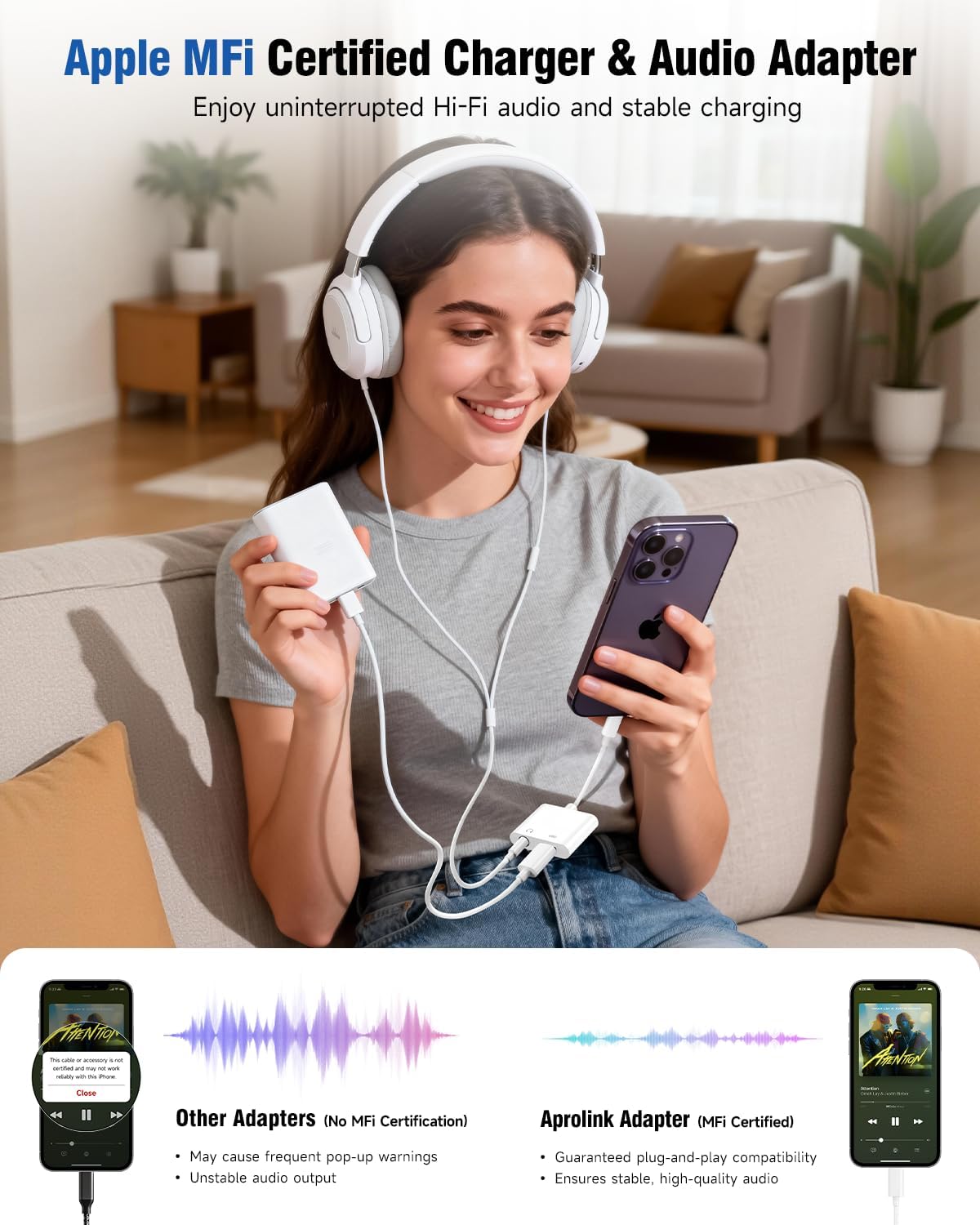 Aprolink Lightning to 3.5mm adapter for clear audio on-device.