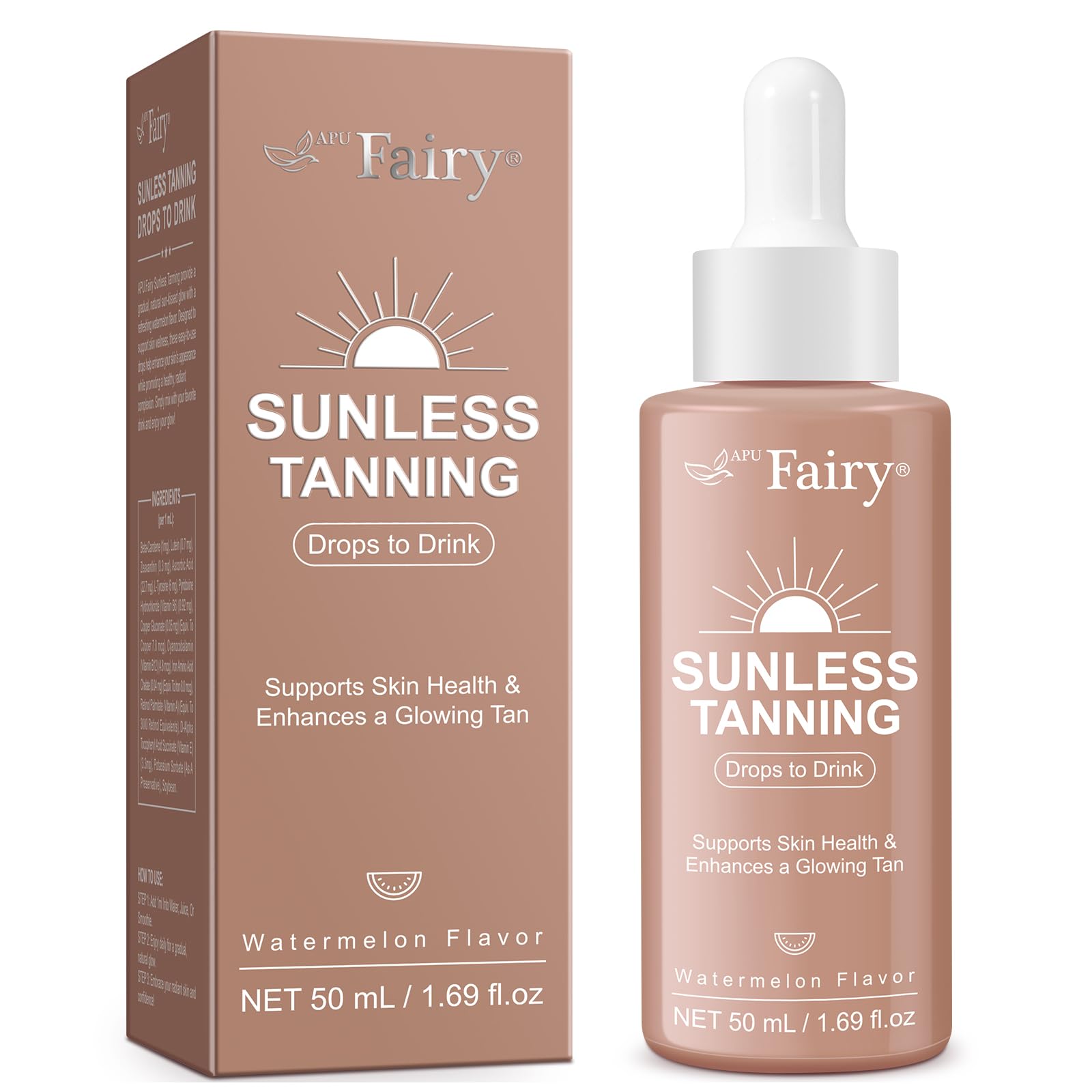 APU.FAIRY tanning drops drink bottle for a gradual bronze glow without sun exposure.
