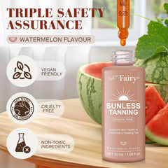 APU.FAIRY watermelon flavor drops highlight a refreshing, palatable way to boost a bronzed look.