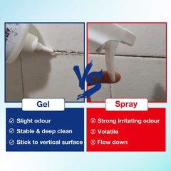 APULITO Cleaner Gel on bathroom shower demonstrates no-scrub cleaning.