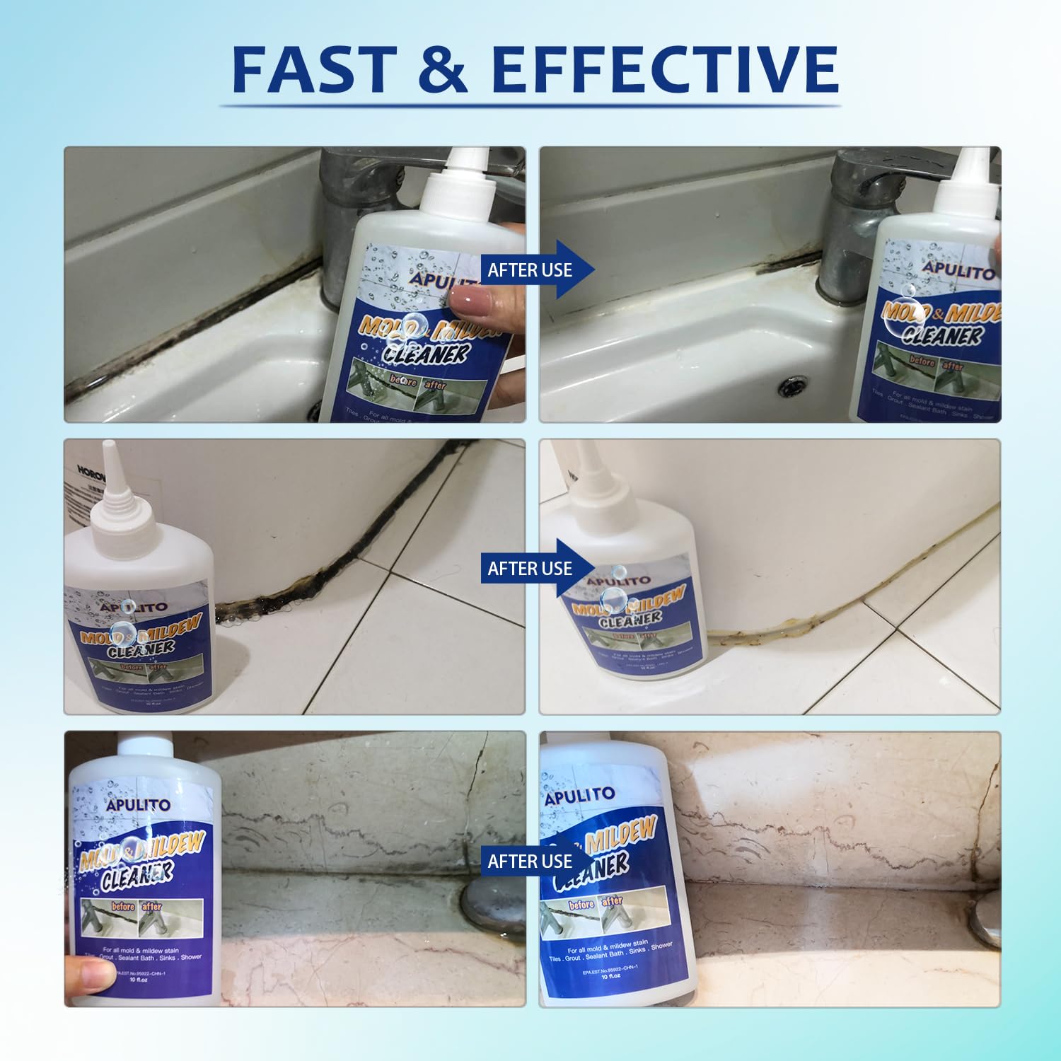 APULITO Cleaner Gel around silicone sealant edges helps remove buildup.