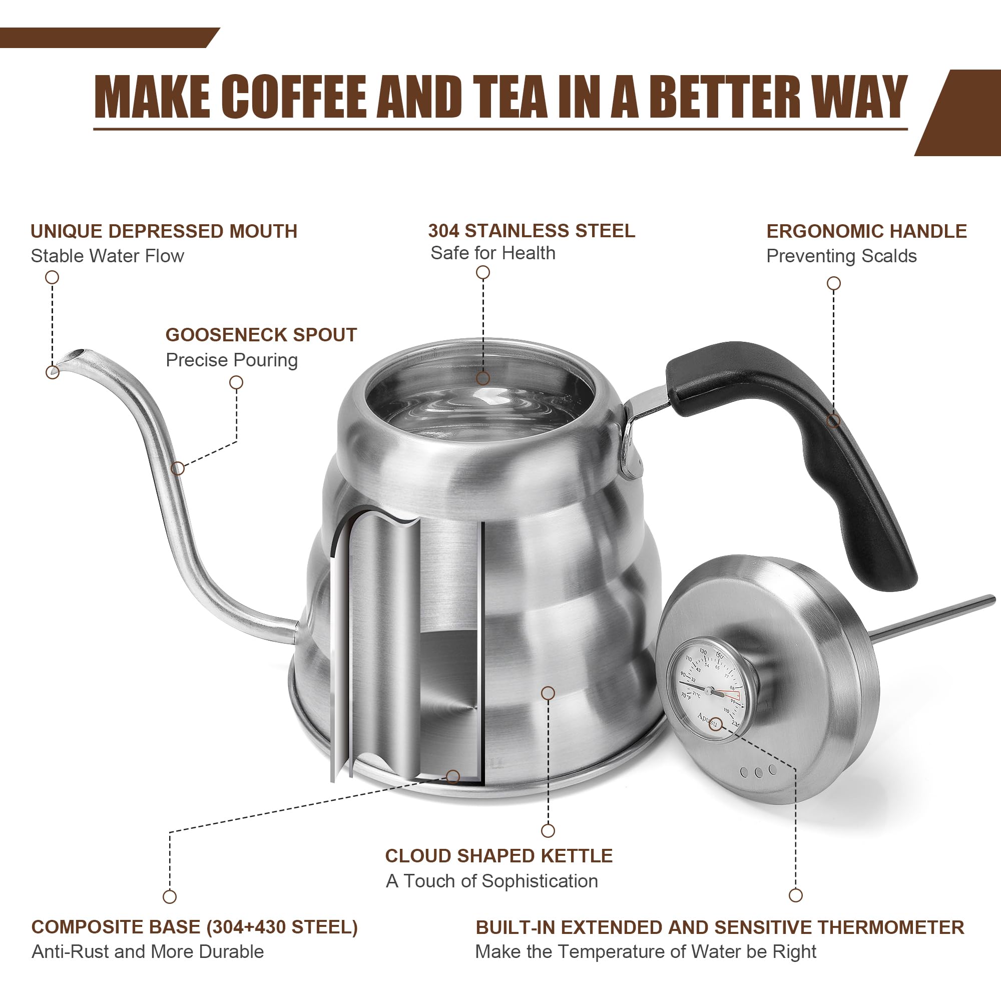Apusu gooseneck kettle handle provides a comfortable grip