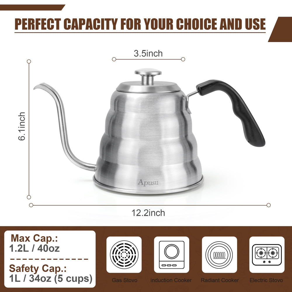 Apusu gooseneck kettle on stovetop showing versatile heating options
