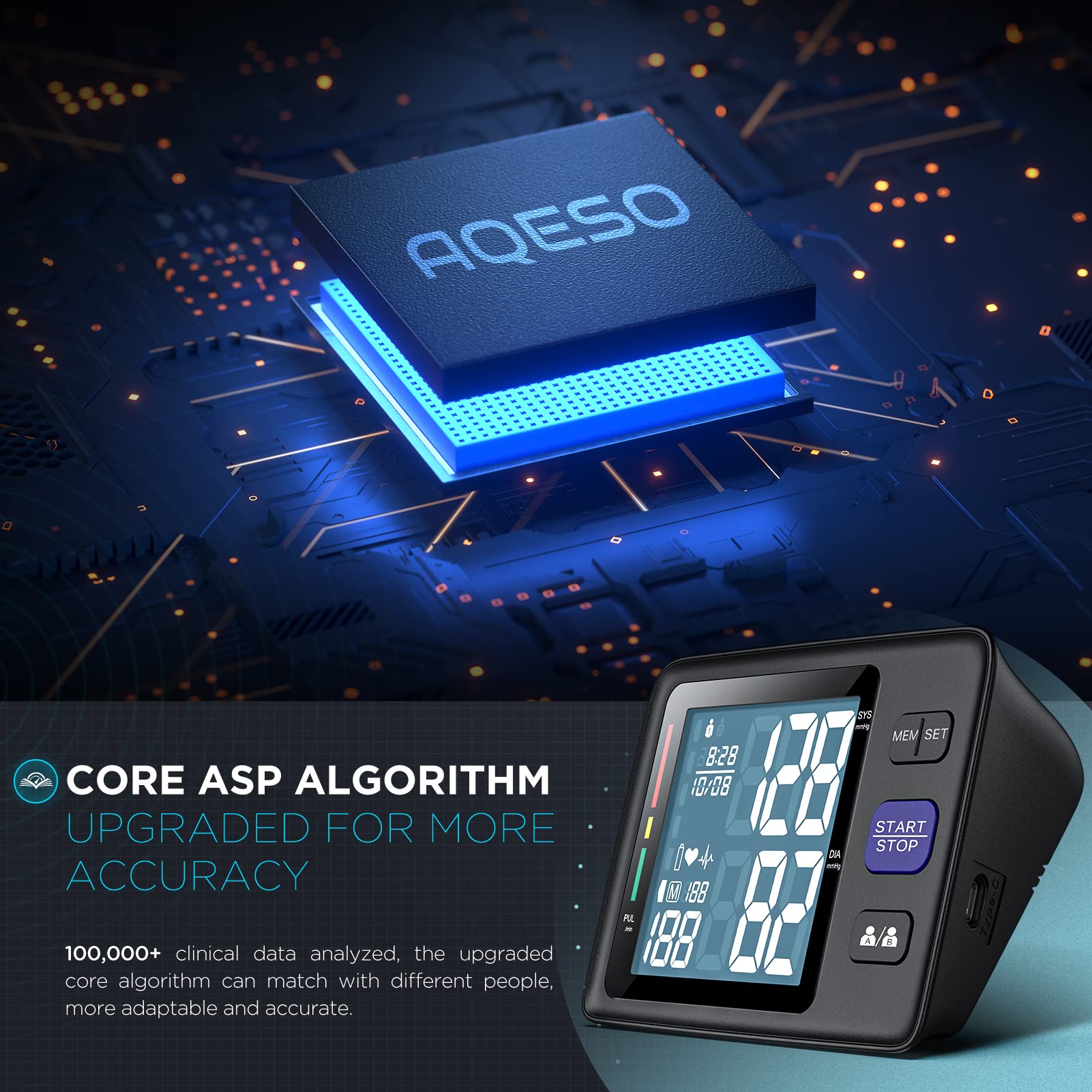 AQESO BP monitor with 3-cuff set 7-21 inch for versatile sizing.