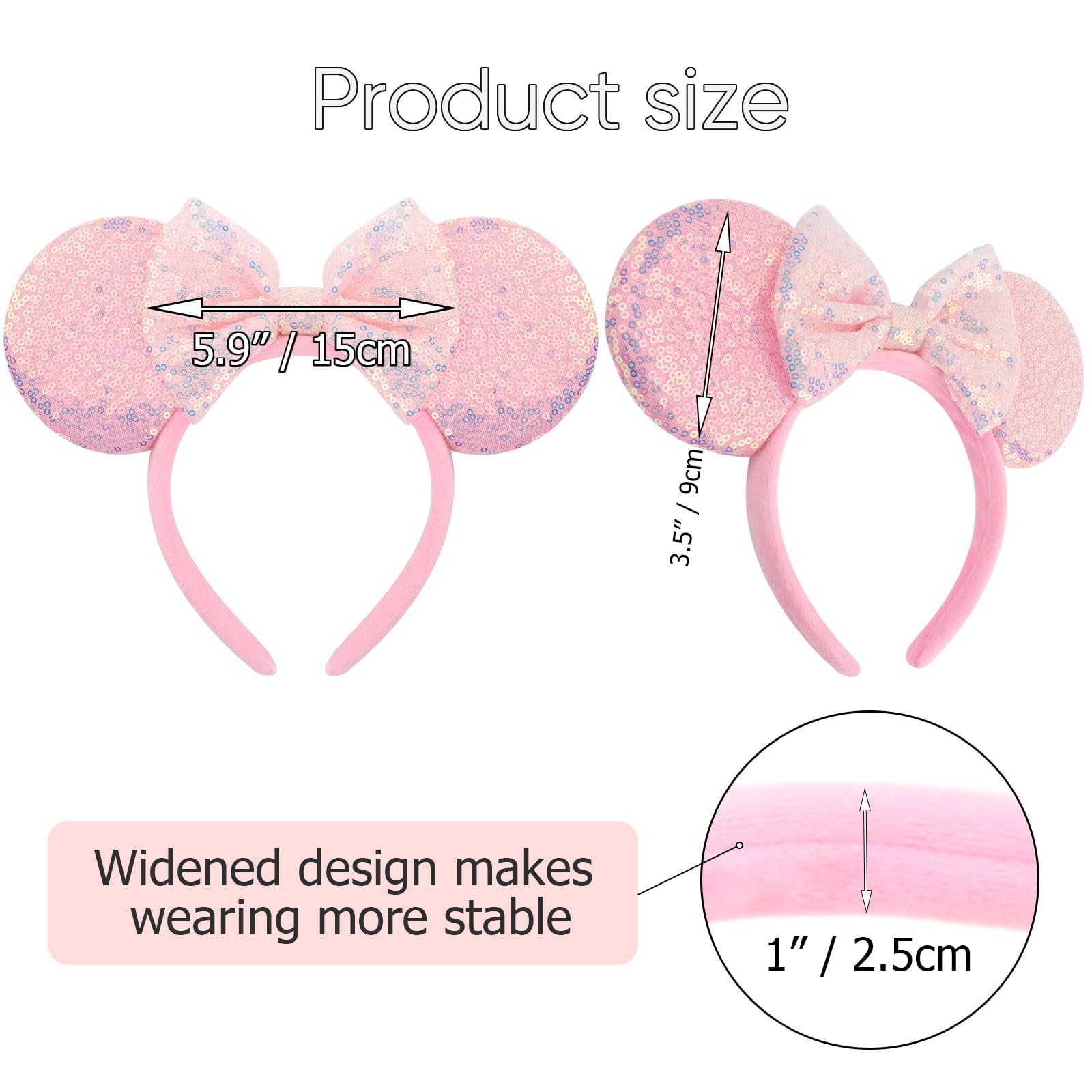 AQOKKA Minnie ears cosplay headband viewed from side with sparkling bow for party styling.