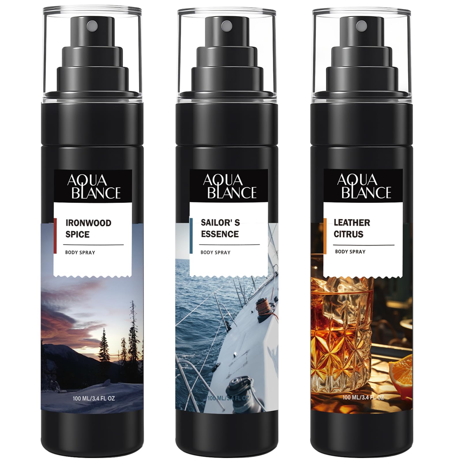 AQUA BLANCE Ironwood Spice bottle showing bold citrus and woods for long-lasting freshness