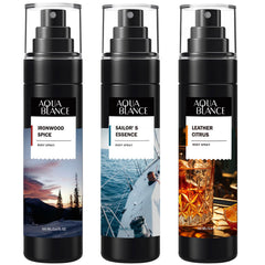 AQUA BLANCE Ironwood Spice bottle showing bold citrus and woods for long-lasting freshness