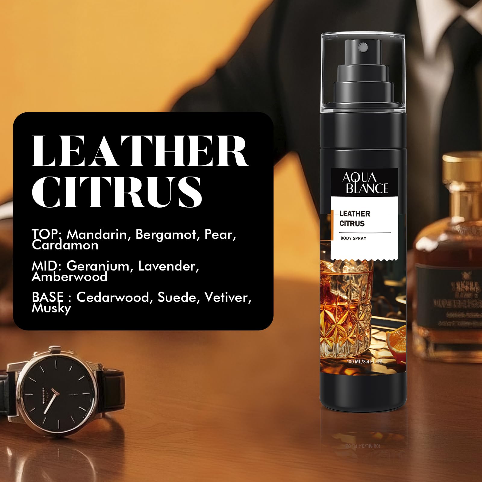 AQUA BLANCE Leather Citrus bottle blends bright citrus with suede woods for sharp daily notes