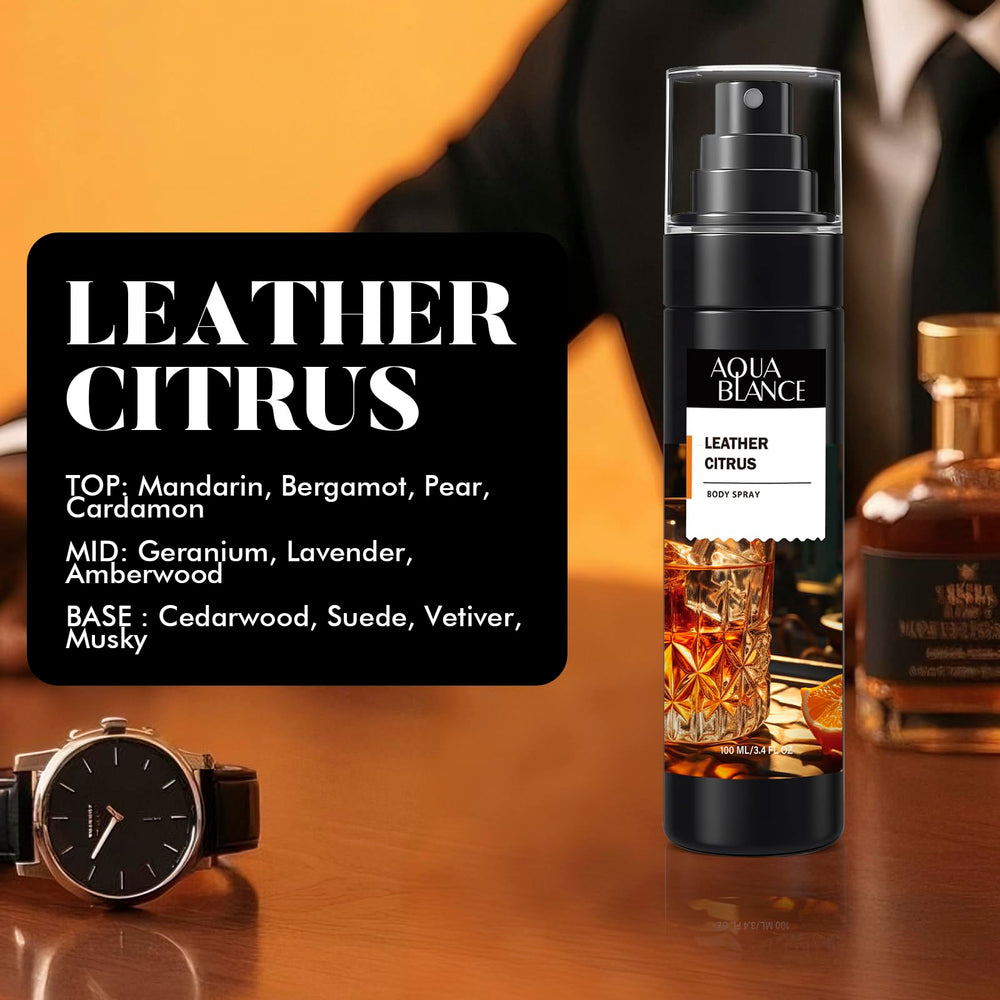 AQUA BLANCE Leather Citrus bottle blends bright citrus with suede woods for sharp daily notes