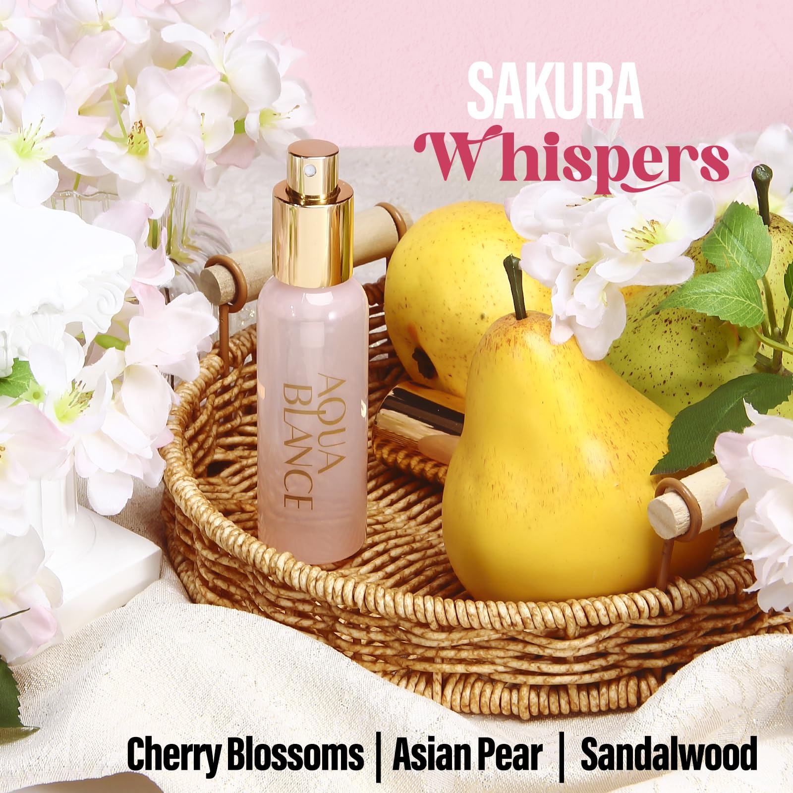 AQUA BLANCE Sakura Whispers bottle spray captures spring serenity.