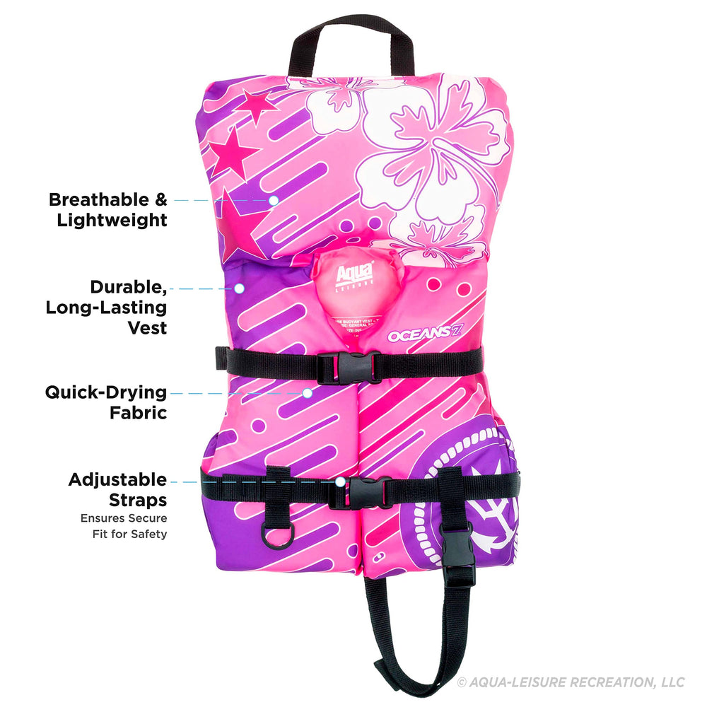 Aqua LEISURE Oceans 7 child PFD providing growing-fit comfort for kids.