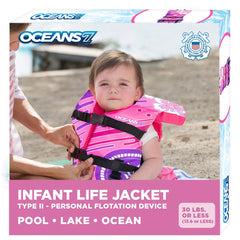 Aqua LEISURE Oceans 7 infant PFD with three adjustable straps for secure wear.