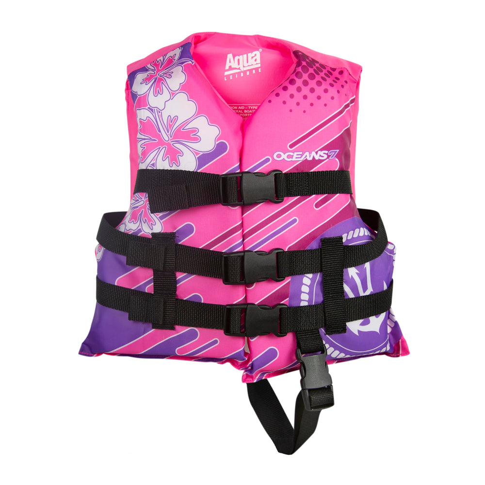 Aqua LEISURE Oceans7 30-50 lb kids life jacket, ideal for family swimming.
