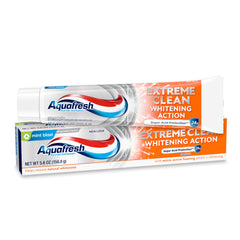 Aquafresh Extreme Clean whitening action toothpaste tube for brighter smile after brushing.