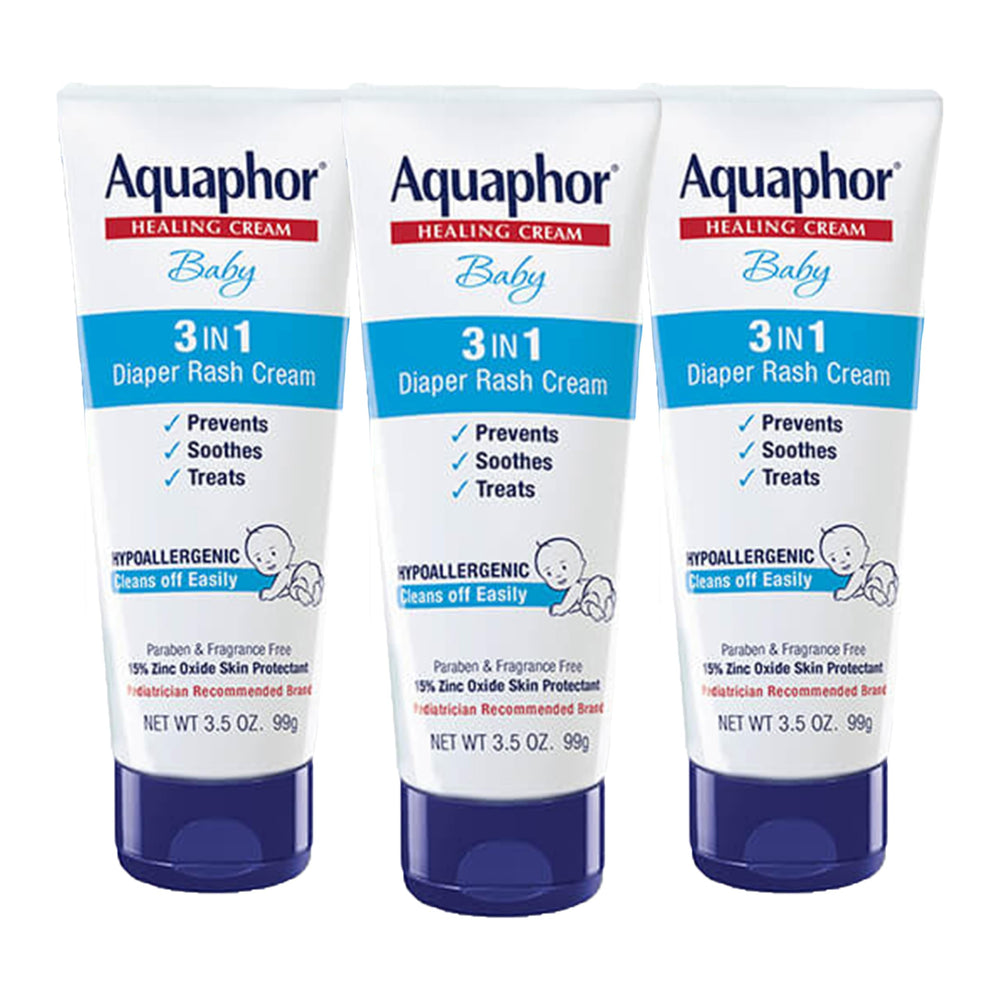 Aquaphor Baby Diaper Rash Cream tube close-up showing three-in-one concept for diaper care