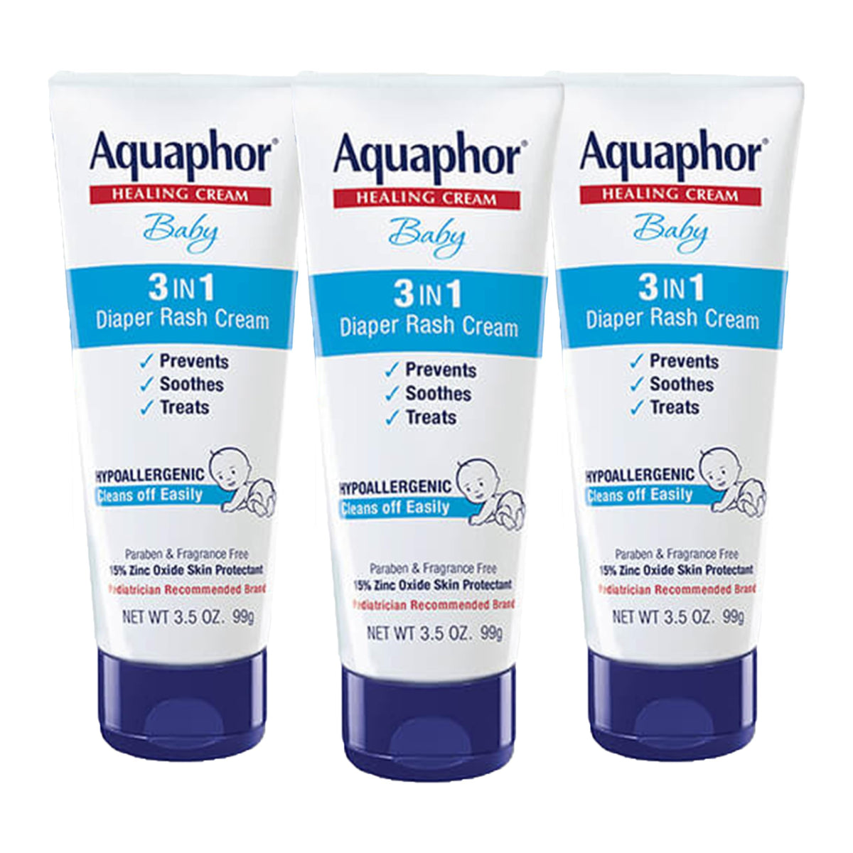 Aquaphor Baby Diaper Rash Cream tube close-up showing three-in-one concept for diaper care