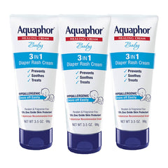 Aquaphor Baby Diaper Rash Cream tube close-up showing three-in-one concept for diaper care