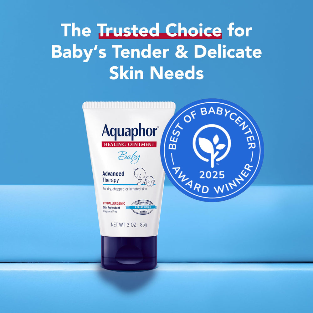 Aquaphor Baby Healing Ointment packaging label highlighting fragrance-free safety