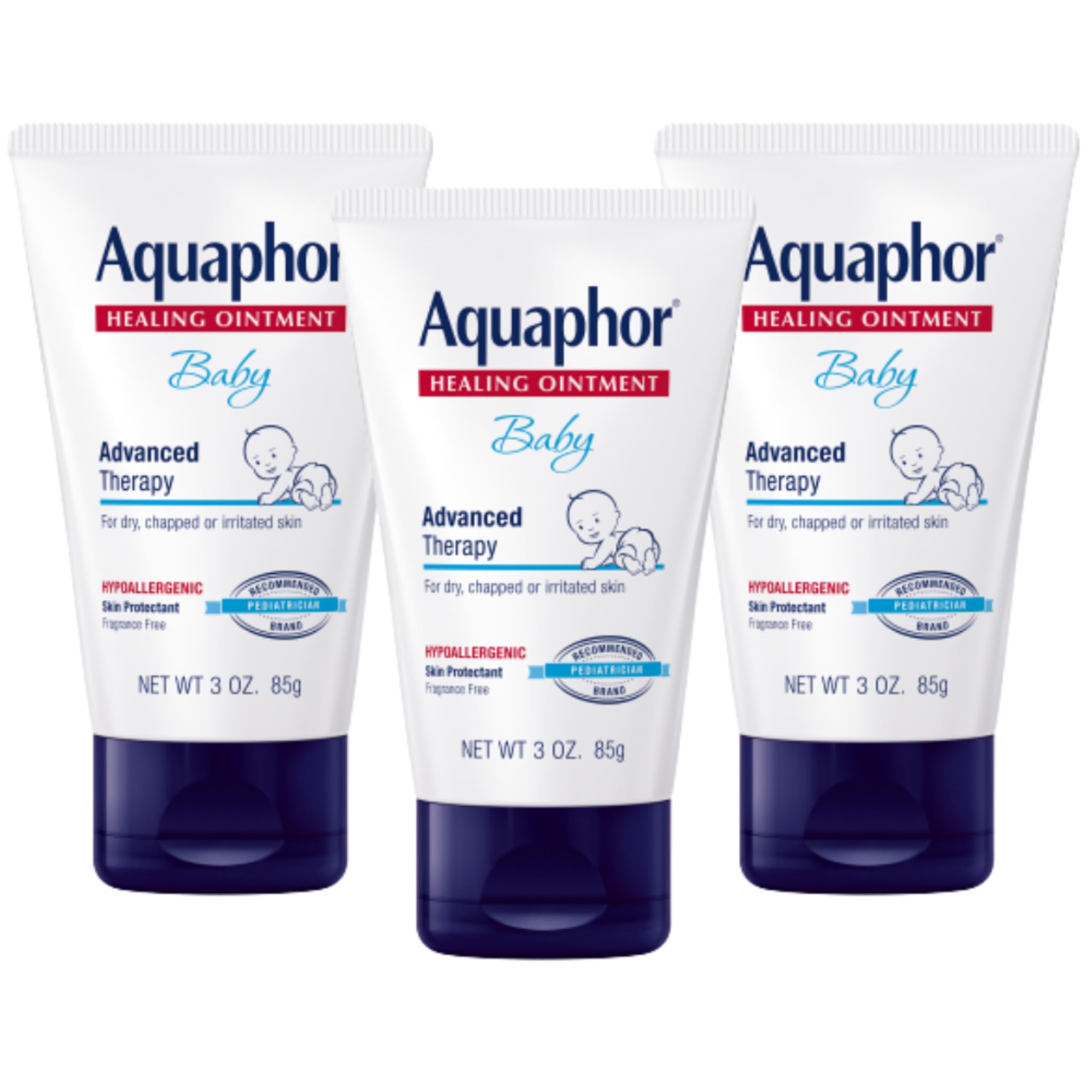 Aquaphor Baby Healing Ointment tubes in a 3-pack for diaper rash relief