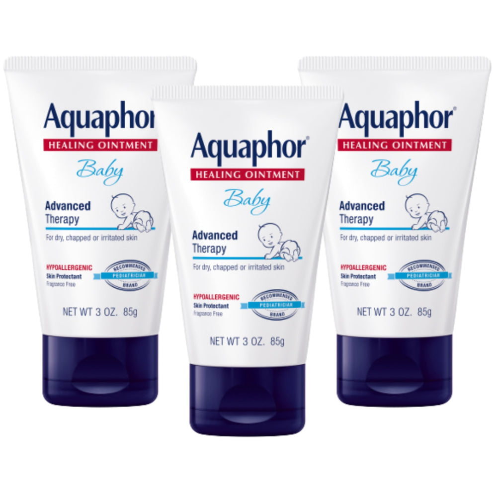 Aquaphor Baby Healing Ointment tubes in a 3-pack for diaper rash relief