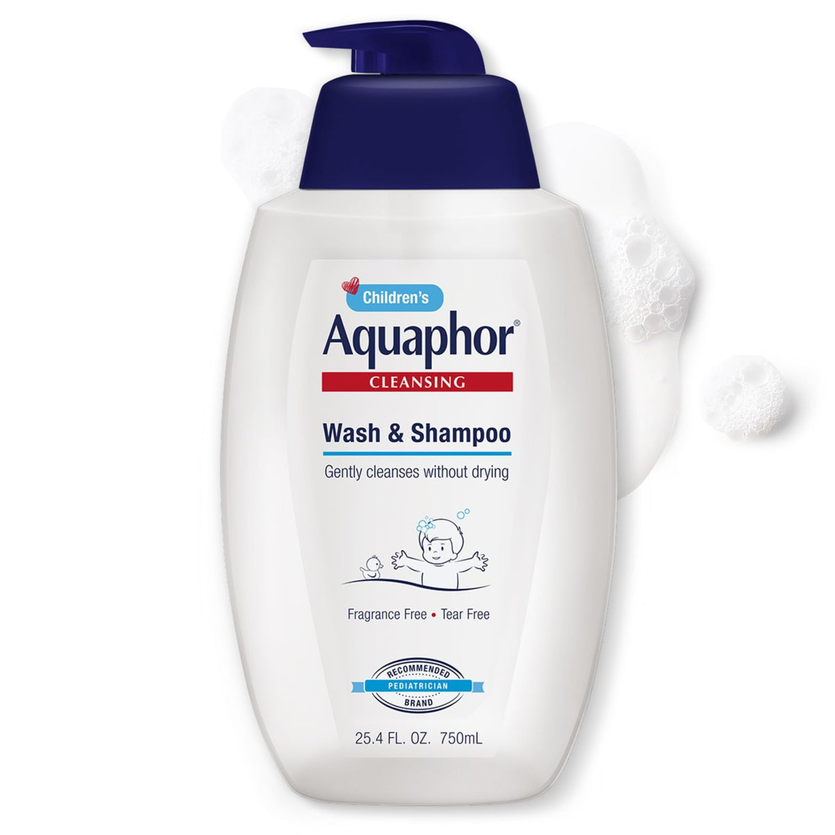 Aquaphor Children's Body Wash and Shampoo pump bottle offers gentle 2-in-1 cleansing for skin and hair.